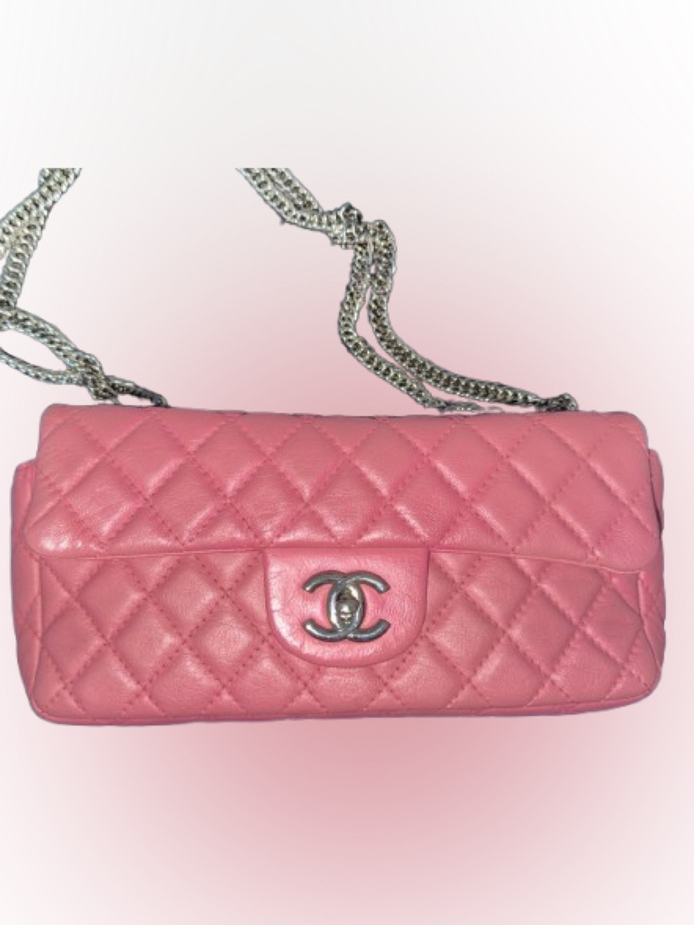CHANEL Pink Quilted Lambskin Mini Flap Shoulder Bag with Silver Chain